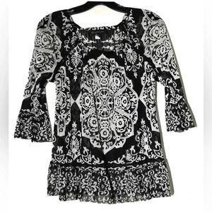 INC International Concepts Women’s Henna Emblem Black White Boho Blouse …
